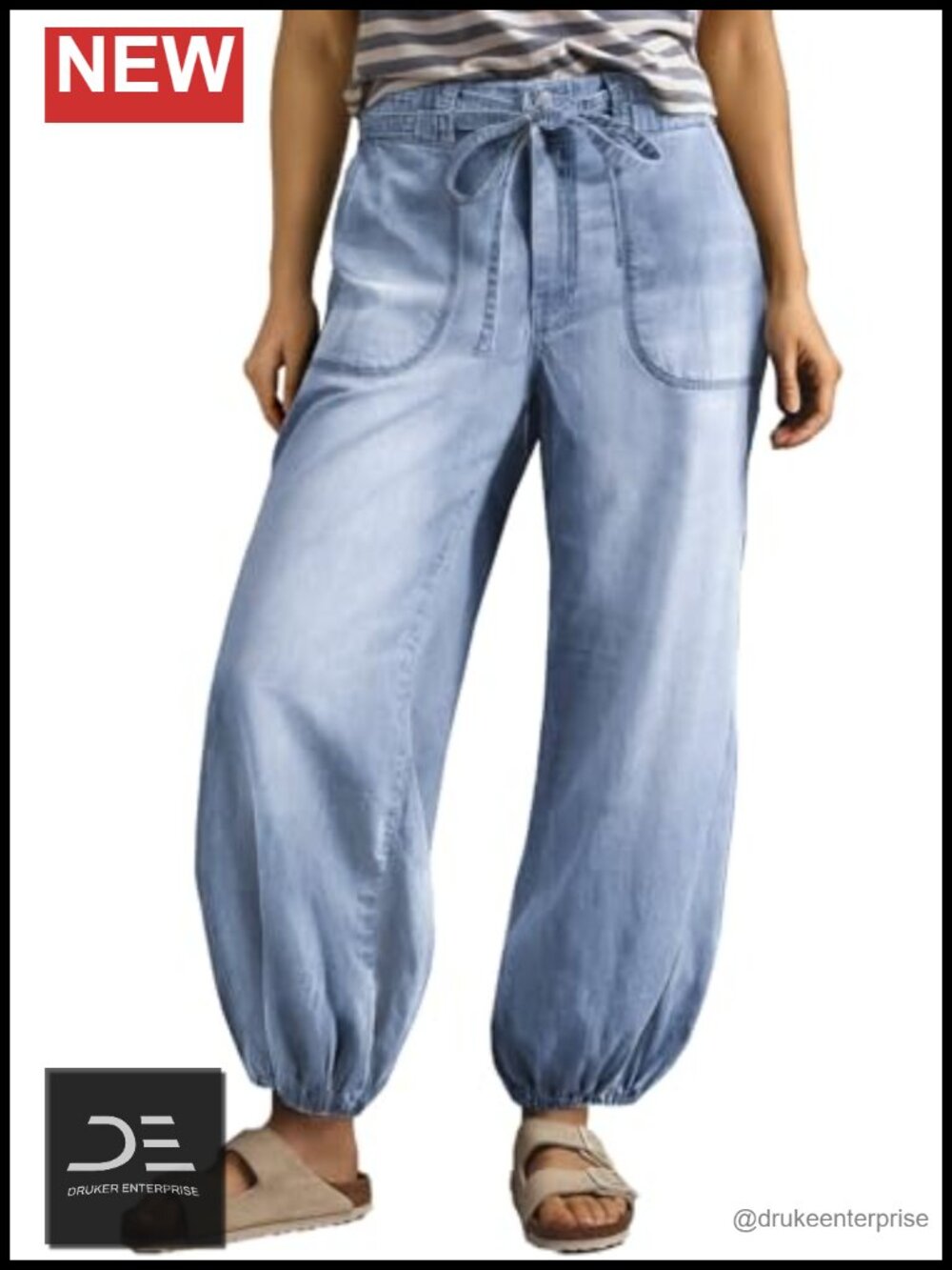 High Waisted Wide Leg Stretchy Drawstring Harem Denim Jeans